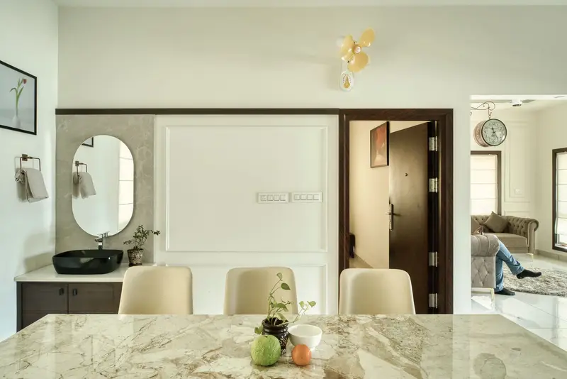 Kitchen counter and dining chairs inside the villa